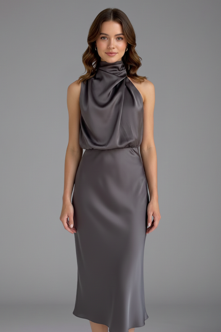 Women’s Dress with High Neck and Draped Front