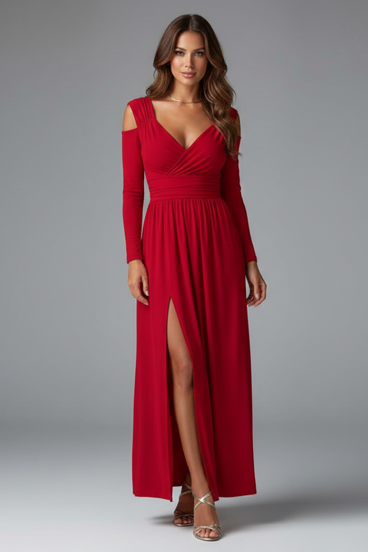 Women’s Dress with Lace Appliques and Tiered Skirt with V Neckline and Side Slit