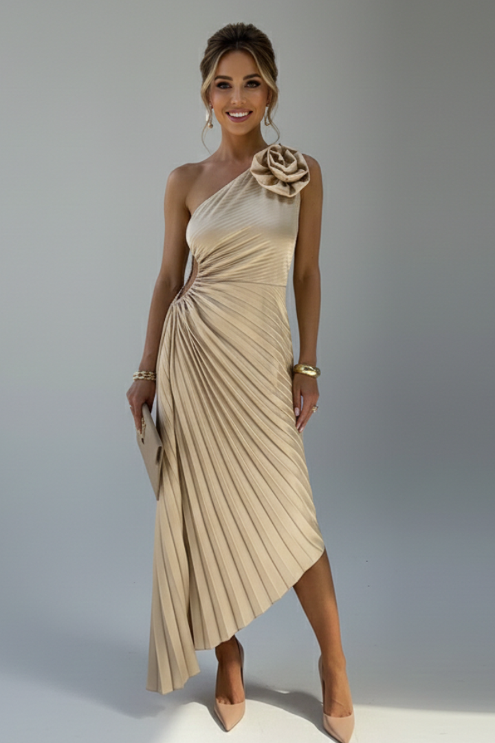 Women’s Dress with One-Shoulder Neckline and Floral Applique