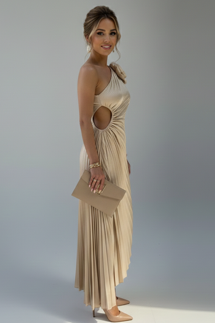 Women’s Dress with One-Shoulder Neckline and Floral Applique