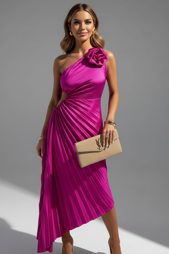 Women’s Dress with One-Shoulder Neckline and Floral Applique