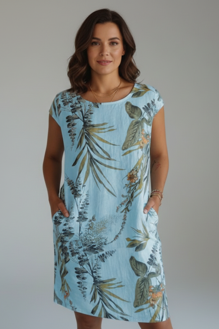Women’s Dress with Round Neckline and Printed Surface