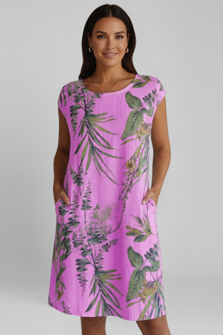 Women’s Dress with Round Neckline and Printed Surface