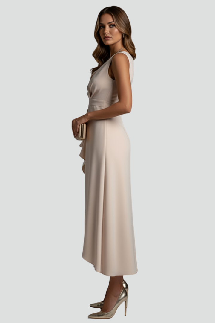 Women’s Dress with V-Neck and Asymmetrical Hem