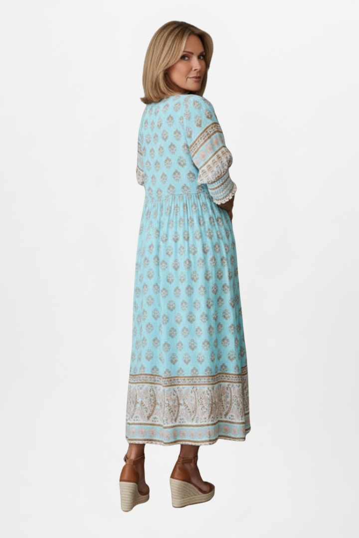 Women’s Dress with V-Neck and Patterned Surface