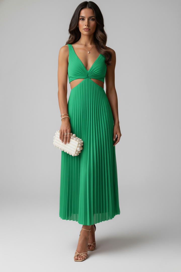 Women’s Dress with V-Neck and Pleated Skirt