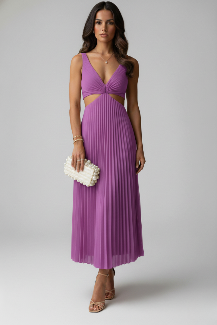 Women’s Dress with V-Neck and Pleated Skirt