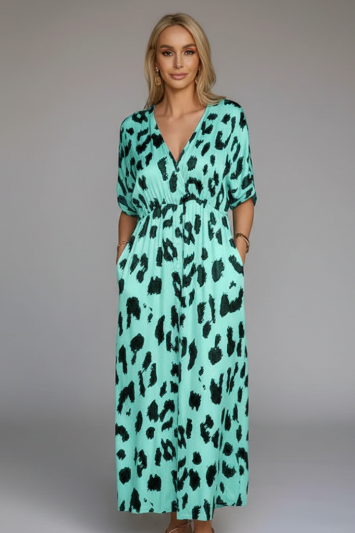 Women’s Dress with V-Neck and Printed Surface