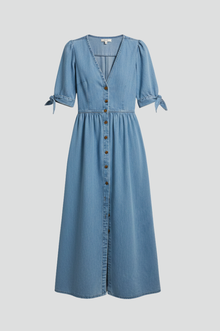 Women’s Dress with V-Neckline and Button Placket