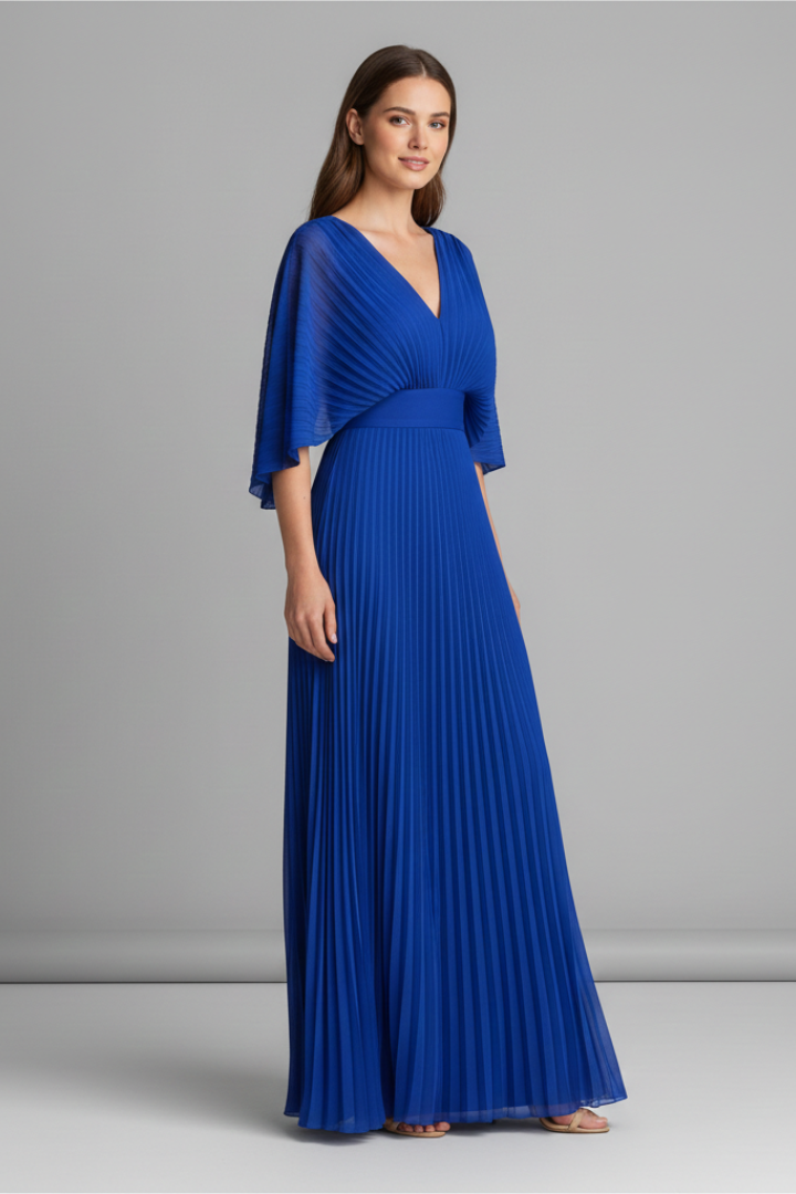 Women’s Dress with V-Neckline and Pleated Maxi Skirt