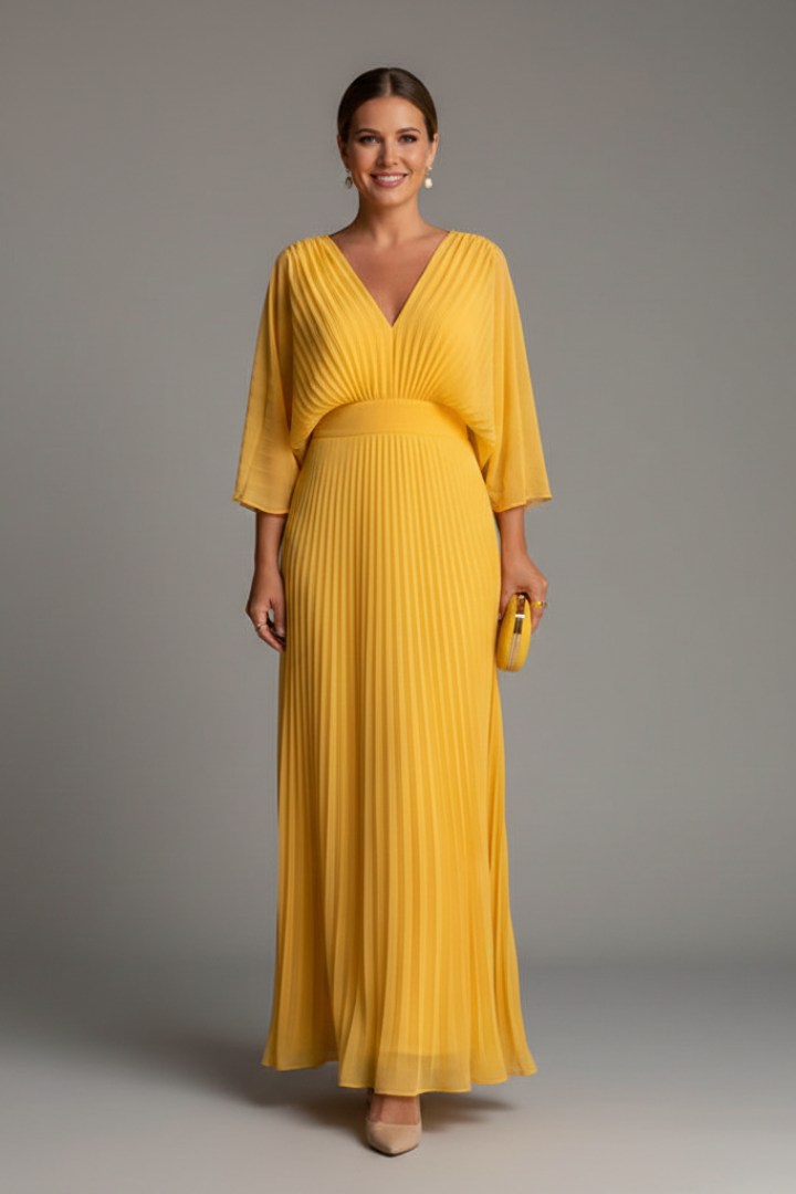 Women’s Dress with V-Neckline and Pleated Maxi Skirt