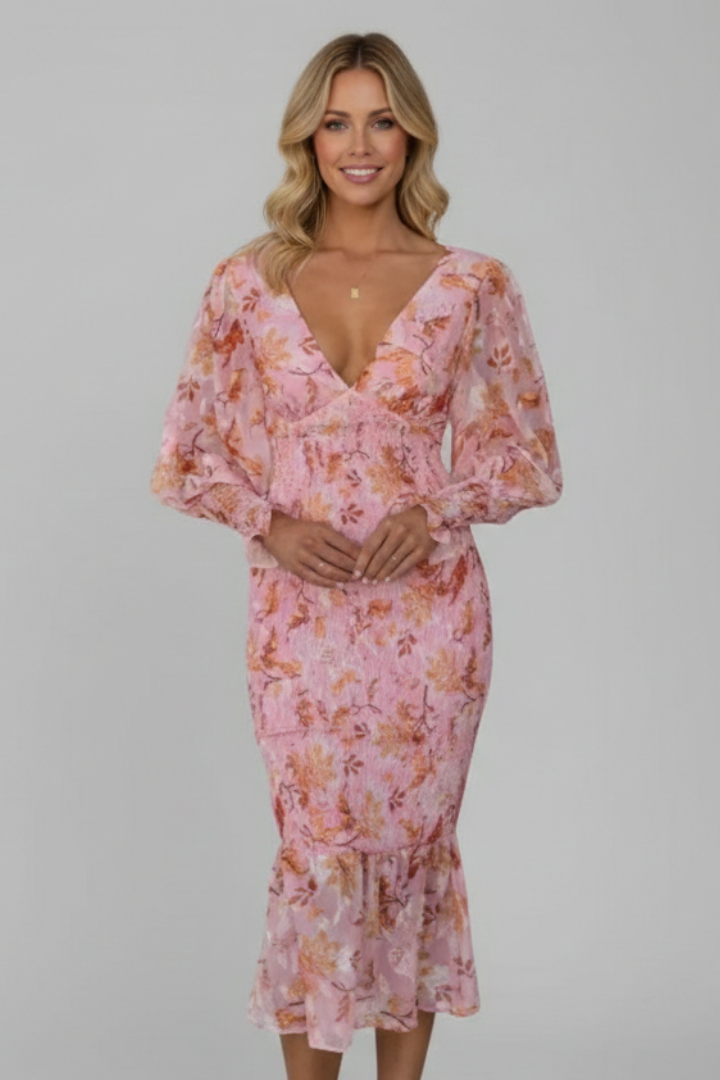 Women’s Dress with V-Neckline and Puff Sleeves