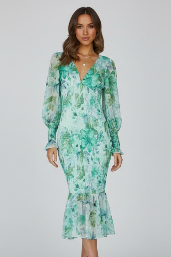 Women’s Dress with V-Neckline and Puff Sleeves