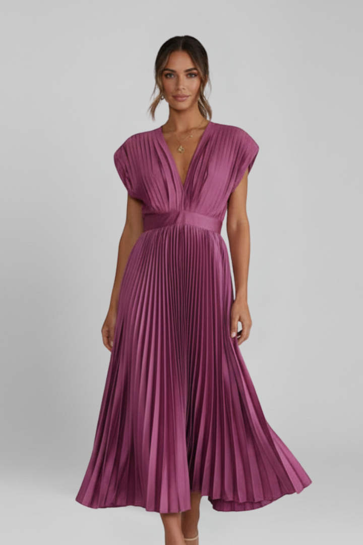 Women’s Dress with V Neck and Pleated Skirt