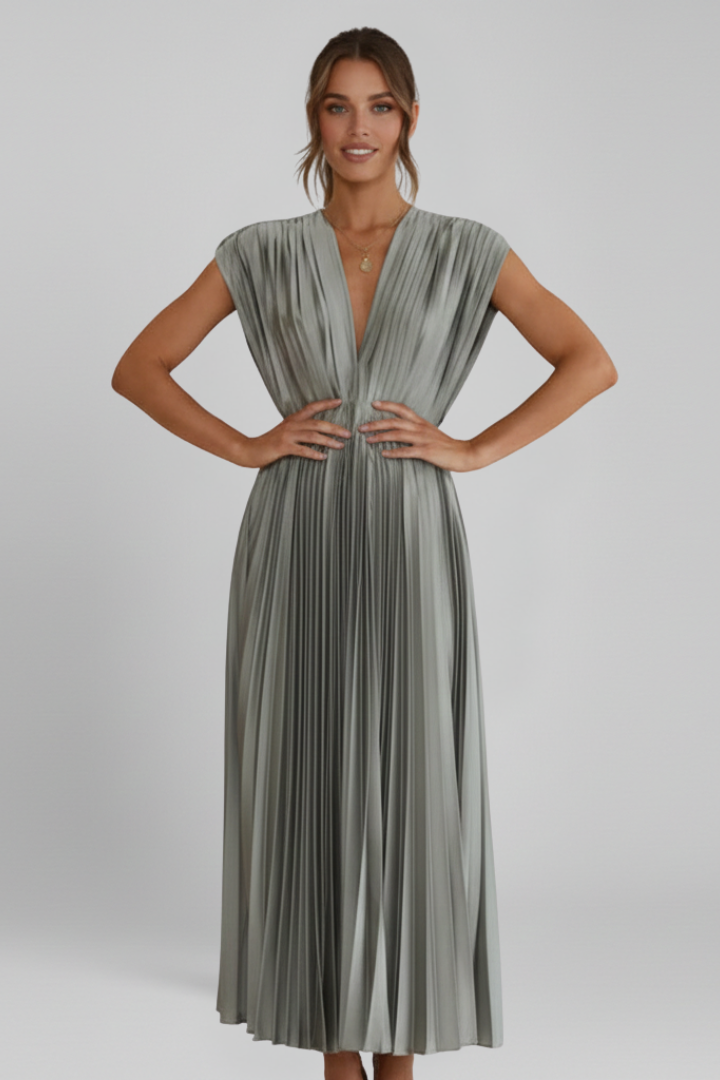 Women’s Dress with V Neck and Pleated Skirt