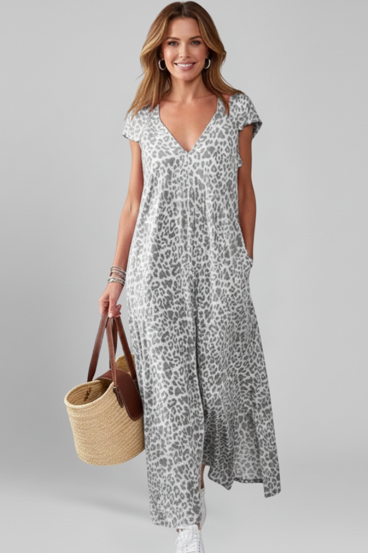 Women’s Dress with V Neck and Printed Surface