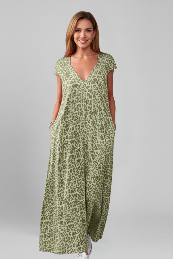 Women’s Dress with V Neck and Printed Surface