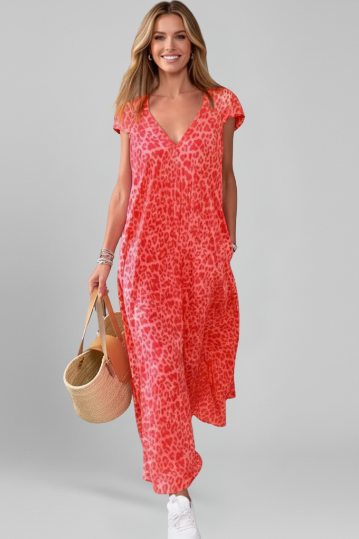 Women’s Dress with V Neck and Printed Surface