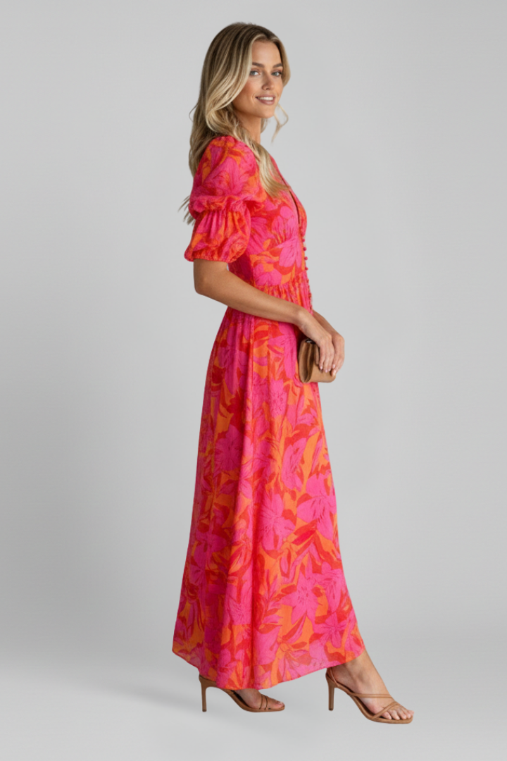 Women’s Dress with V Neck and Puff Sleeves