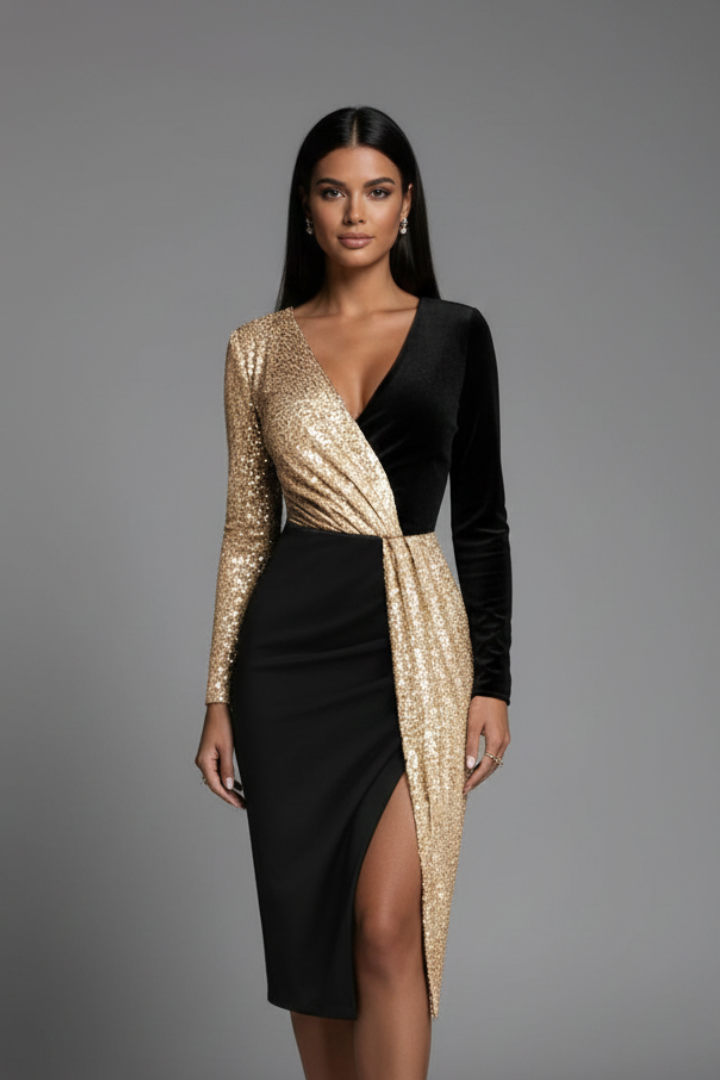 Women’s Dress with V Neckline and Long Sleeves