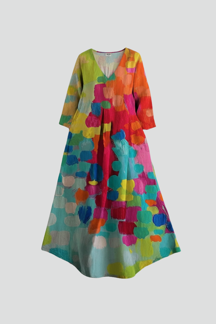 Women’s Dress with V Neckline and Printed Surface