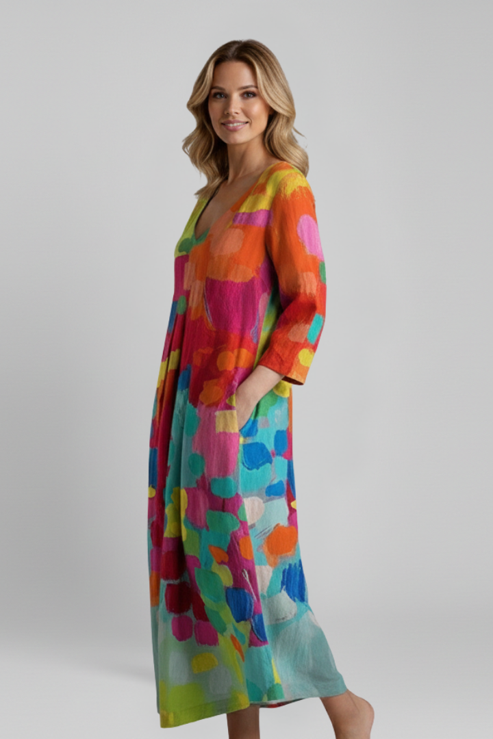 Women’s Dress with V Neckline and Printed Surface