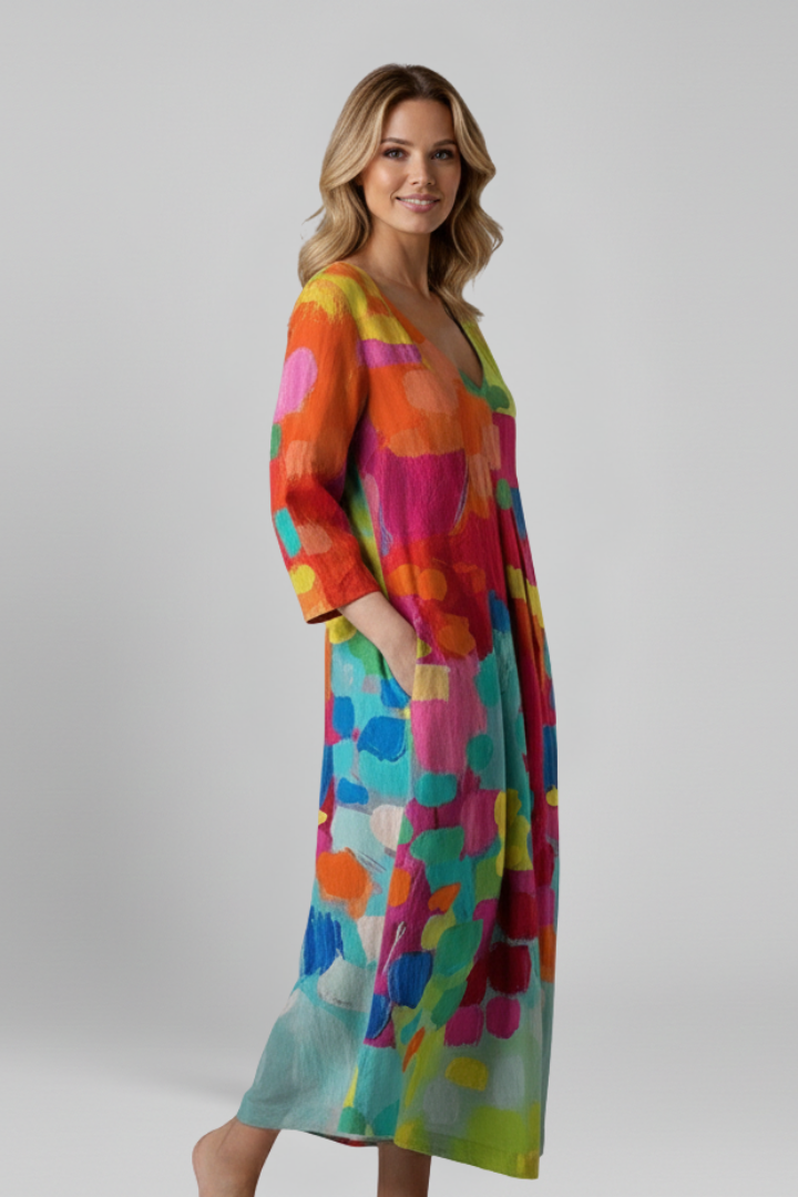 Women’s Dress with V Neckline and Printed Surface