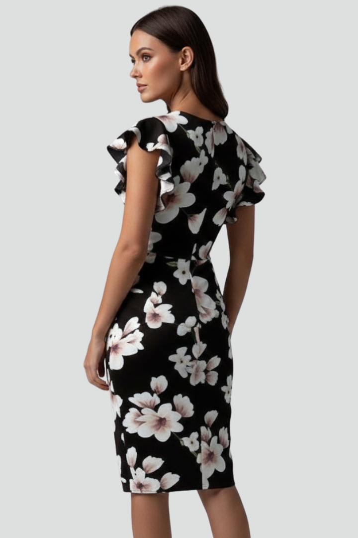 Women's Floral V-Neck Midi Dress with Ruffle Sleeves and Draping