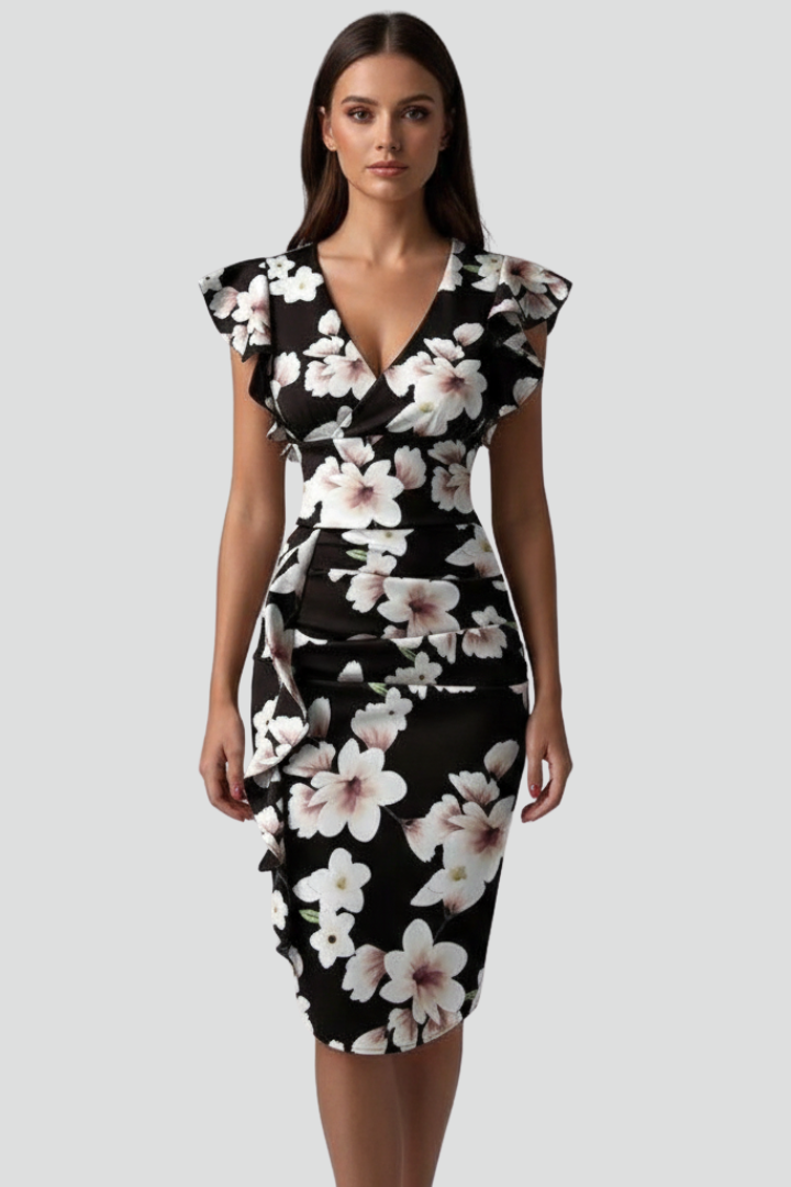Women's Floral V-Neck Midi Dress with Ruffle Sleeves and Draping