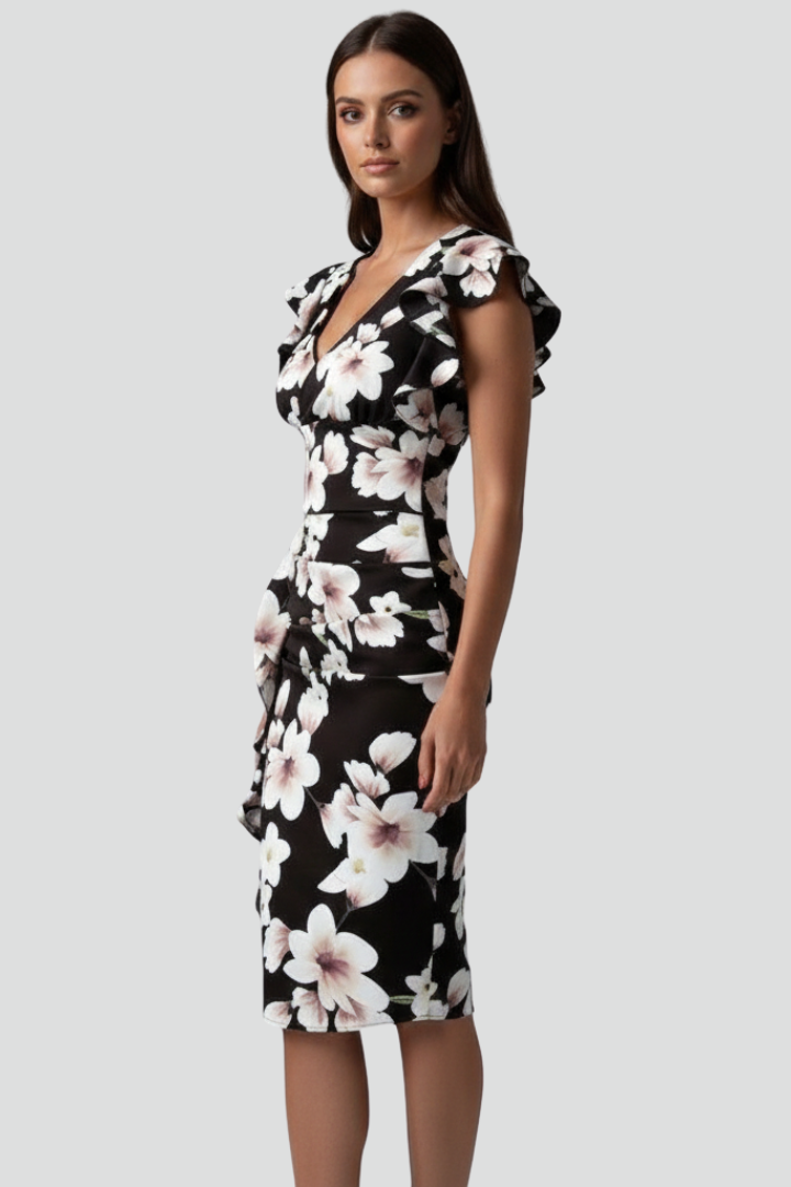 Women's Floral V-Neck Midi Dress with Ruffle Sleeves and Draping
