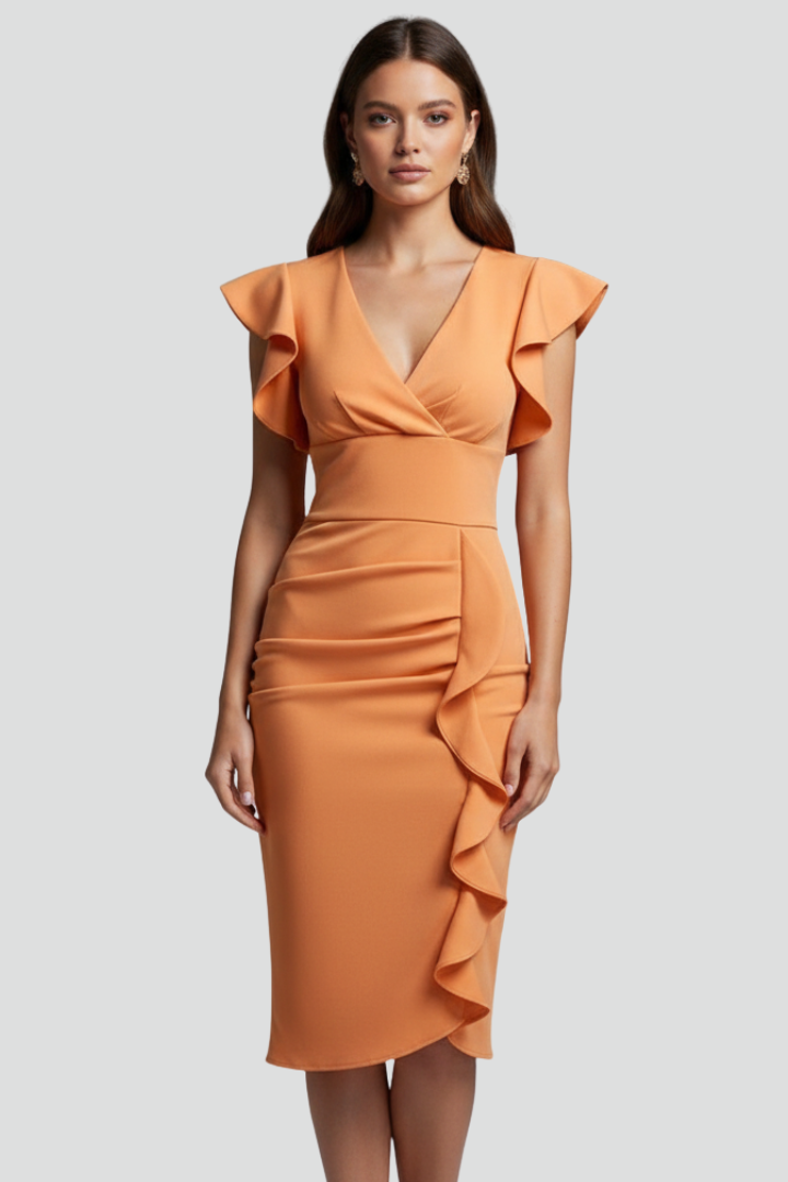 Women's Floral V-Neck Midi Dress with Ruffle Sleeves and Draping