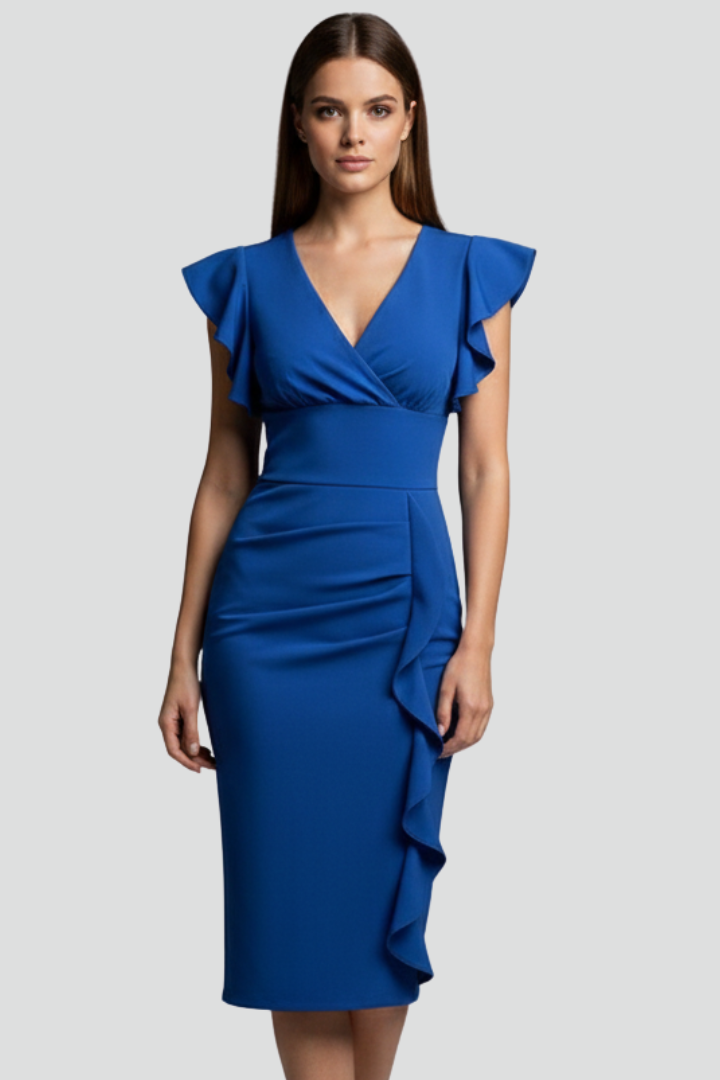 Women's Floral V-Neck Midi Dress with Ruffle Sleeves and Draping