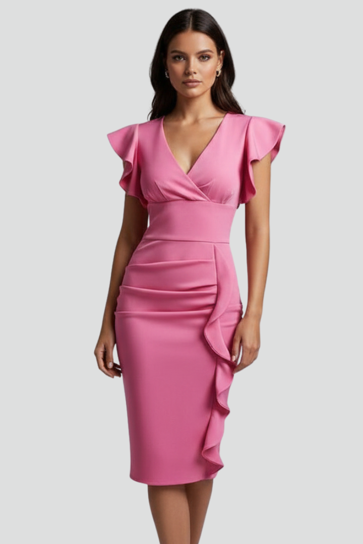 Women's Floral V-Neck Midi Dress with Ruffle Sleeves and Draping