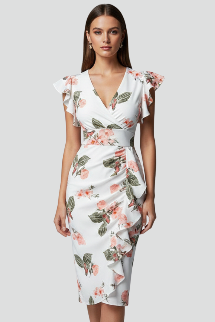 Women's Floral V-Neck Midi Dress with Ruffle Sleeves and Draping