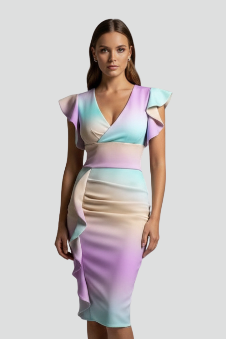 Women's Floral V-Neck Midi Dress with Ruffle Sleeves and Draping