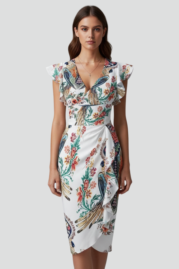 Women's Floral V-Neck Midi Dress with Ruffle Sleeves and Draping