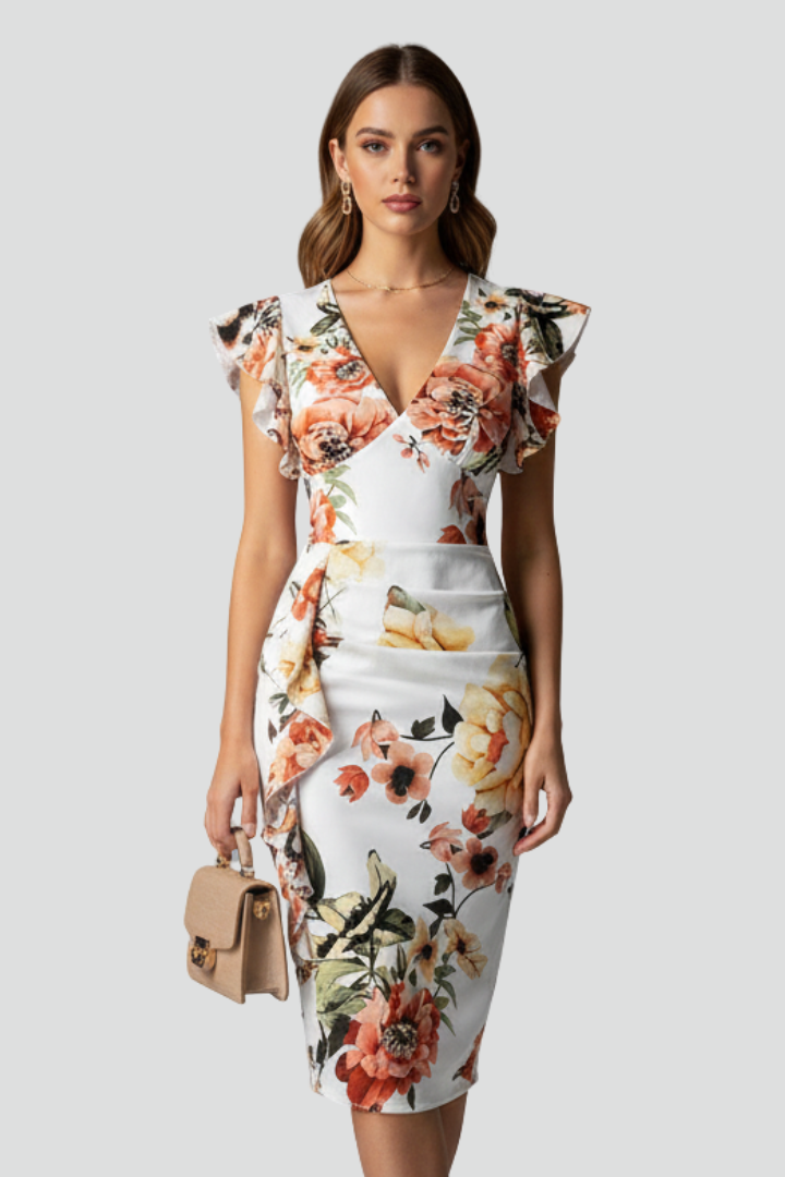 Women's Floral V-Neck Midi Dress with Ruffle Sleeves and Draping