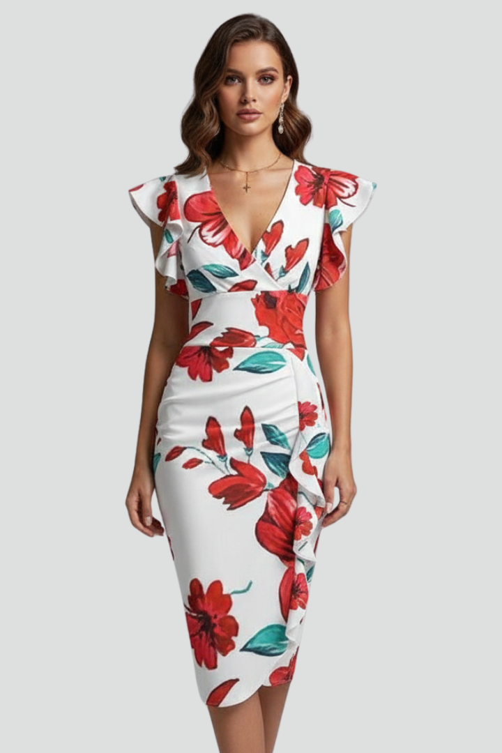 Women's Floral V-Neck Midi Dress with Ruffle Sleeves and Draping