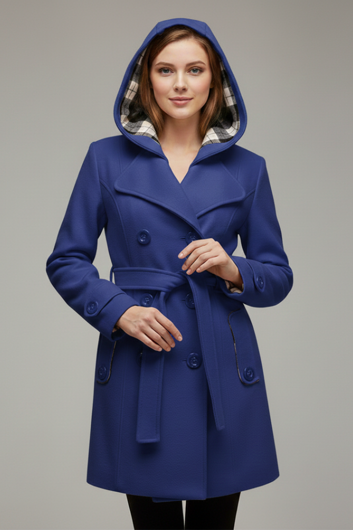 Women's Hooded Coat with Belt and Button Closure
