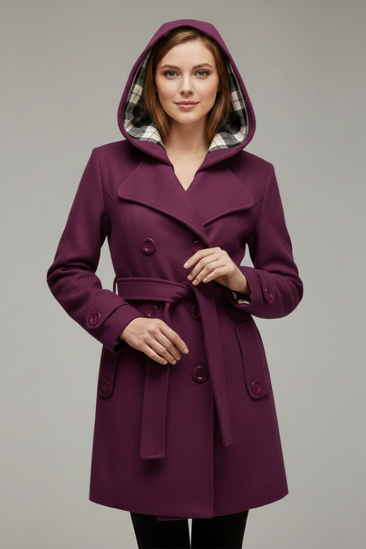 Women's Hooded Coat with Belt and Button Closure