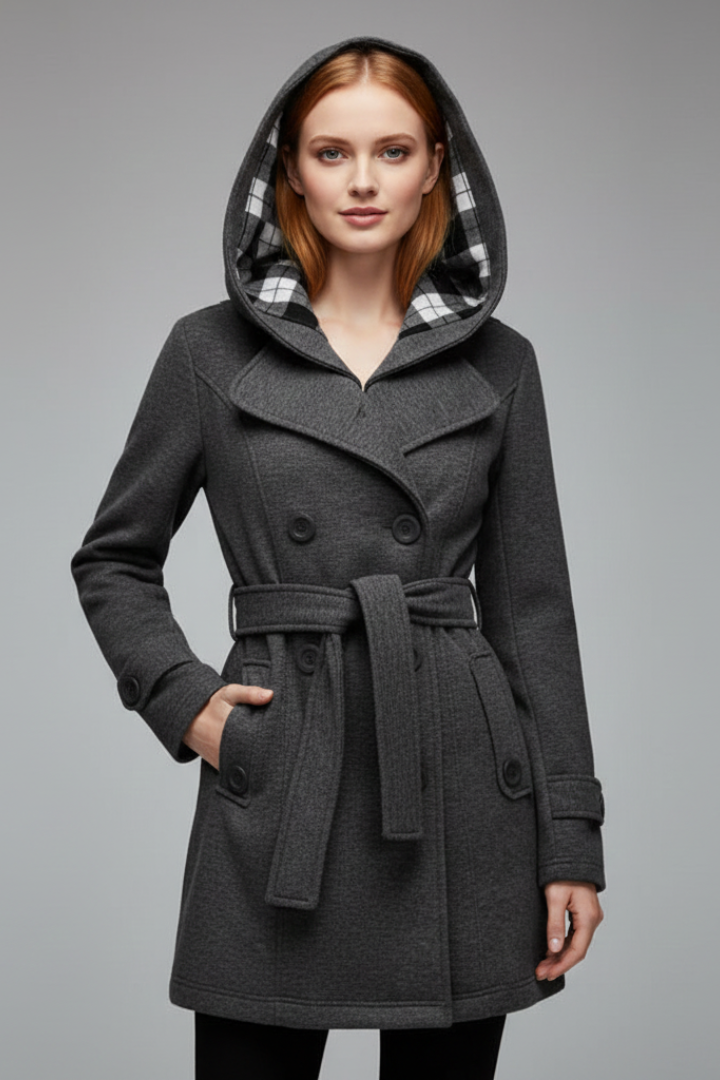 Women's Hooded Coat with Belt and Button Closure