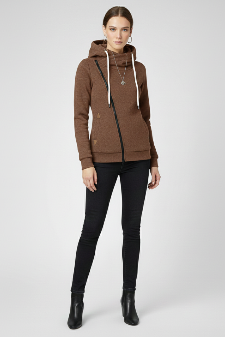 Women’s Hooded Jacket with Asymmetrical Zip and Drawstring Hood