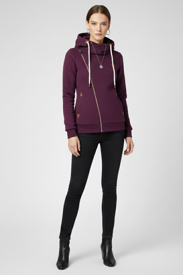 Women’s Hooded Jacket with Asymmetrical Zip and Drawstring Hood