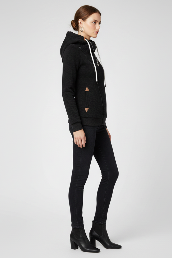 Women’s Hooded Jacket with Asymmetrical Zip and Drawstring Hood