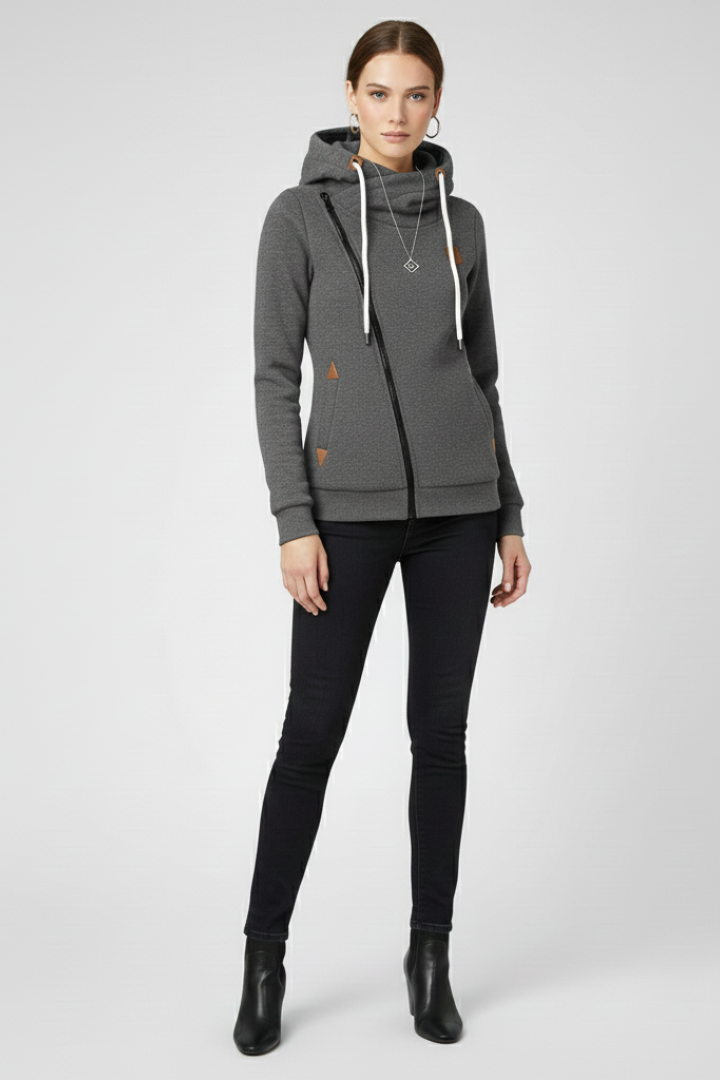 Women’s Hooded Jacket with Asymmetrical Zip and Drawstring Hood