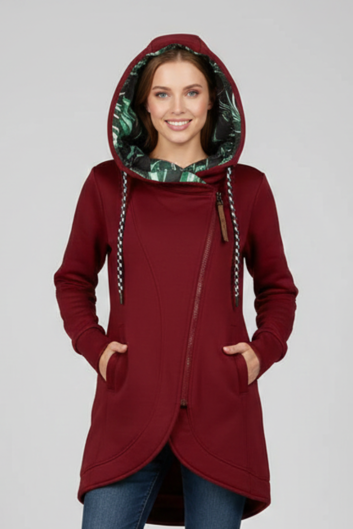 Women’s Hooded Jacket with Asymmetrical Zip and Pockets