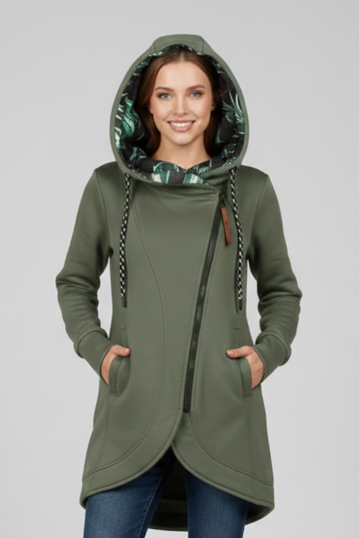 Women’s Hooded Jacket with Asymmetrical Zip and Pockets