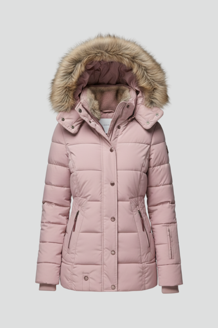 Women’s Hooded Jacket with Fur Trim and Padded Panels