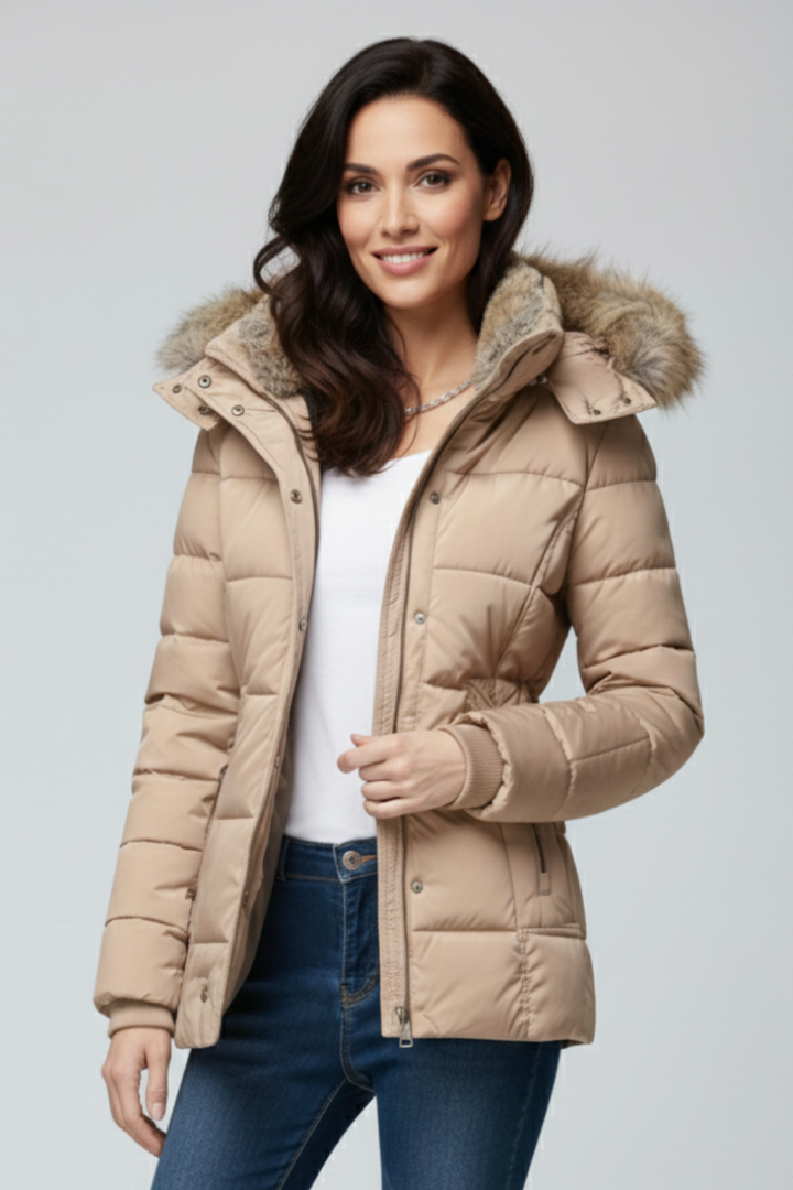 Women’s Hooded Jacket with Fur Trim and Padded Panels