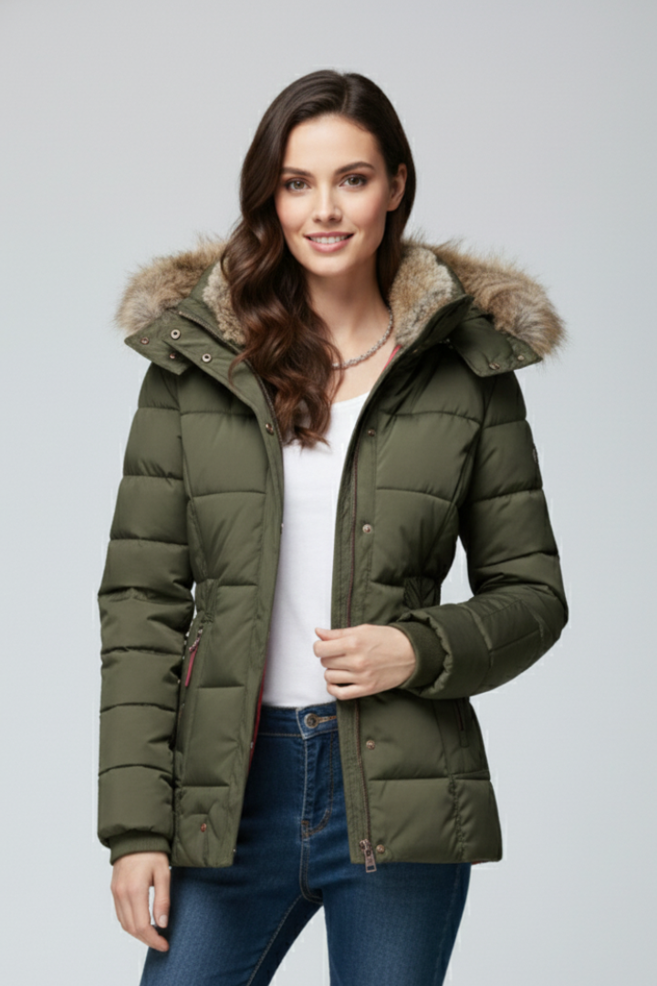 Women’s Hooded Jacket with Fur Trim and Padded Panels